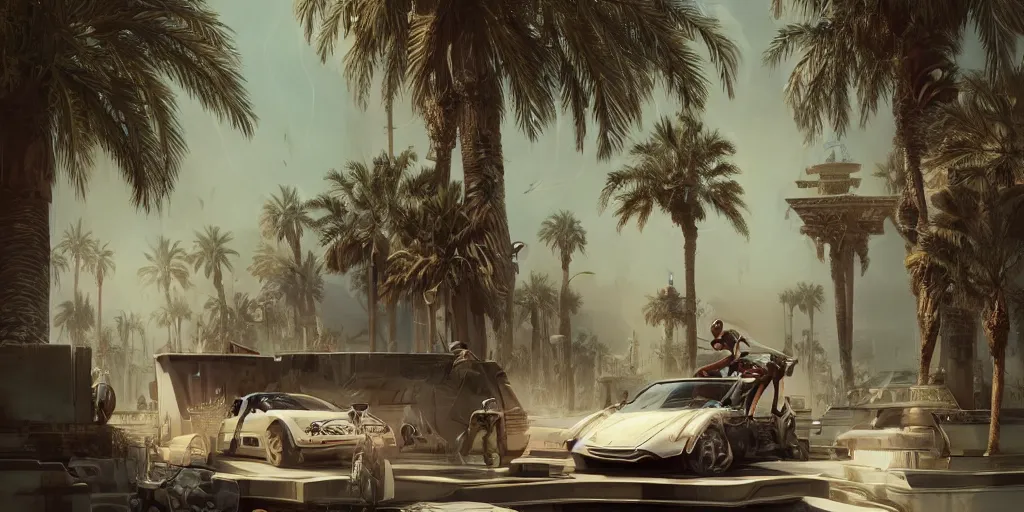 Image similar to Futuristic Marrakech, palm trees , flaying cars ,WLOP, James Jean, tom bagshaw, rococo, trending on artstation, fantasy, intricate, elegant, highly detailed, digital painting, concept art, smooth, illustration, cinematic lighting, hyper realism, octane render, 8k, hyper detailed.