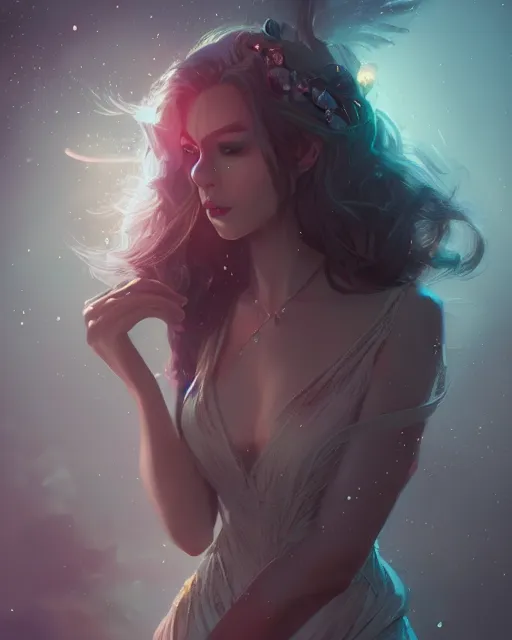 Image similar to Portrait of a beautiful magic woman, character design, fantasy, intricate, cinematic lighting, highly detailed, digital painting, artstation, concept art, smooth, sharp focus, illustration, art by WLOP and Ross Tran