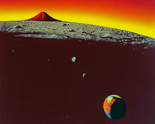 Prompt: Painting of a volcano on the moon with Earth visible in the sky by Guy Billout