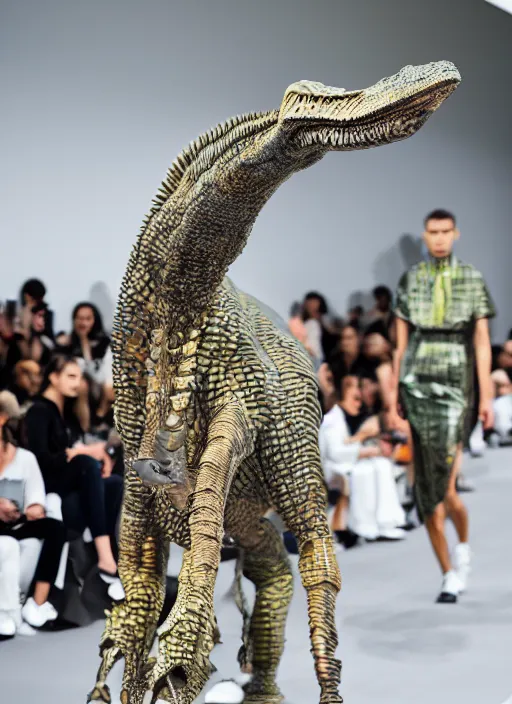 Image similar to hyperrealistic and heavy detailed balenciaga runway show of dinosaurs, leica sl 2 5 0 mm, vivid color, high quality, high textured, real life