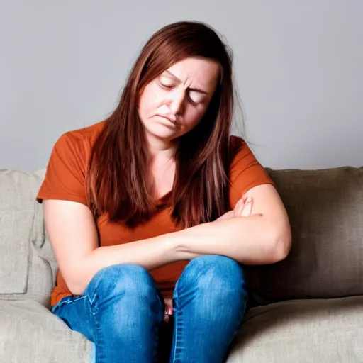 Image similar to a sad woman with brown hair in a green t - shirt wearing blue denim shorts sitting on a brown sofa. she has given up on her fantasy football team