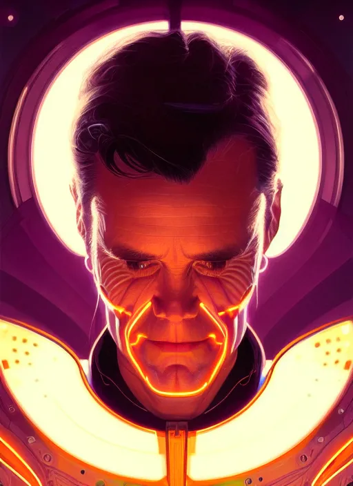 Image similar to symmetry portrait of jim carrey, sci - fi, tech wear, glowing lights, intricate, elegant, highly detailed, digital painting, artstation, concept art, smooth, sharp focus, illustration, art by artgerm and greg rutkowski and alphonse mucha