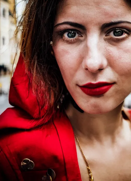 Prompt: close up portrait of beautiful Italian woman, wearing a red outfit, well-groomed model, candid street portrait in the style of Steve McCurry award winning