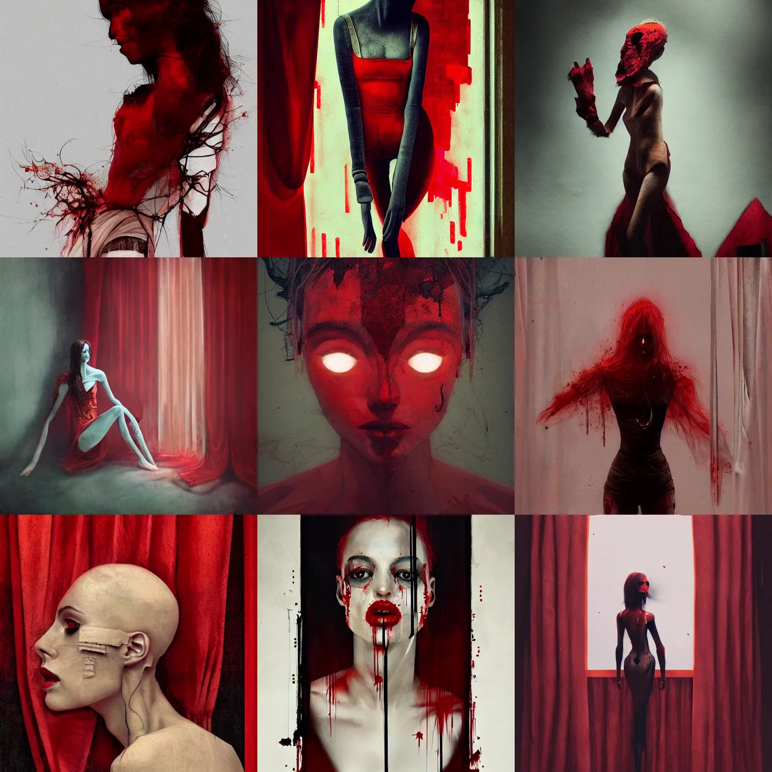 Prompt: pelham puppet behind red curtains, by Conrad Roset and Brooke Shaden and Nicola Samuri , medium shot, rule of thirds, seductive look, beautiful, intricate, dystopian, sci-fi, extremely detailed, digital painting, artstation, concept art, smooth, sharp focus, intimidating lighting, incredible art, details visible, very dark ambiance