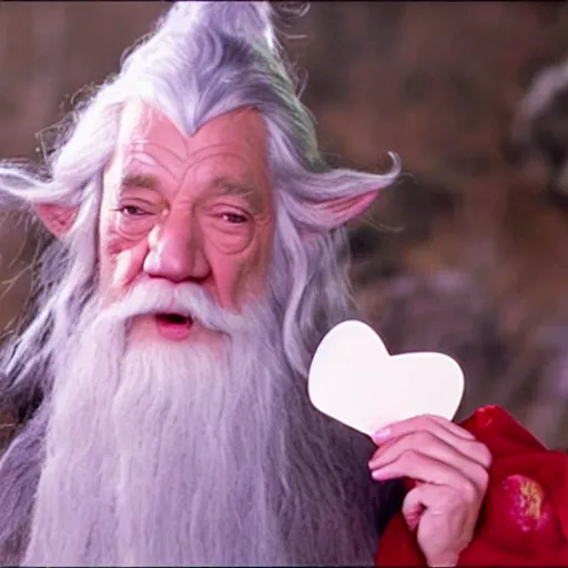 Image similar to portraid of happy gandalf wearing a Hello Kitty costume, holding a blank playing card up to the camera, movie still from the lord of the rings