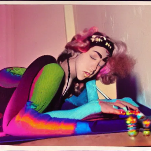 Prompt: rocker goth teen girl laying on the floor, writing on journal. 1970s colorful psychedelic bedroom. Trippy. Realistic. Egon.