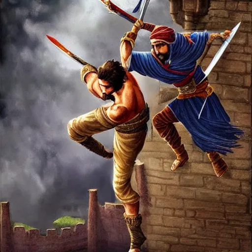 Prompt: prince of persia fighting a sultan at the top of a castle, in realistic style