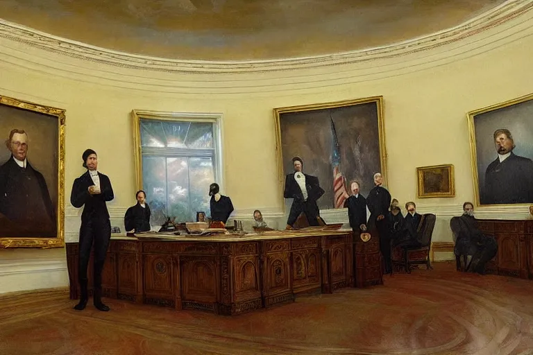 Image similar to a grand portrait of a tall terrifying alien president in the white house oval office. majestic room. he is surrounded by advisors. in the style of american impressionist painting. in the style of 1 8 0 0 s romanticism painting. in the victorian era. fantastic composition. dramatic lighting.