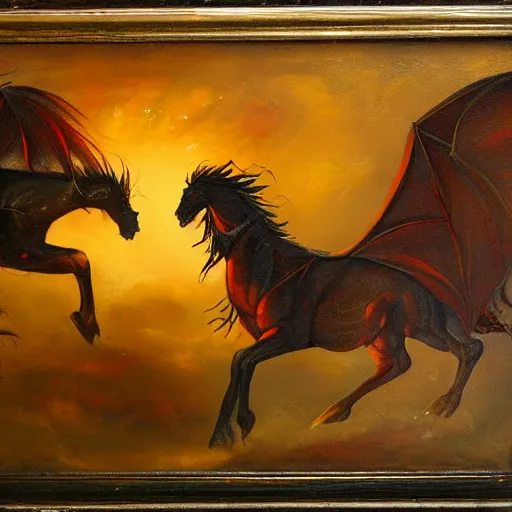 Image similar to oil painting horses mixed with dragon at night backlit