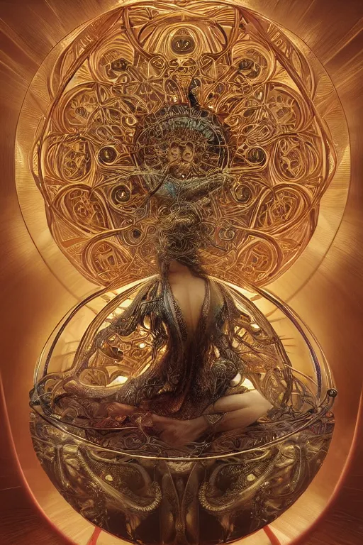 Image similar to an immaculate render of a complex metallic sphere spawning cables and bird wings, floating in a temple surrounded by wild tentacles made from mandalas and incense smoke, full body, perfect face, powerful, cinematic, beautifully lit, by artgerm, by alphonse mucha, by karol bak, 3 d, trending on artstation, octane render, 8 k