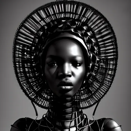 Image similar to portrait of an absurdly beautiful, graceful, sophisticated, fashionable black cyberpunk mechanoid gravure idol, ultrafine hyperdetailed illustration by irakli nadar, alek wek, matt wisniewski style, intricate linework, ebony skin, neon jellyfish headdress, ivory carved ruff, unreal engine 5 highly rendered, global illumination, radiant light, detailed and intricate environment