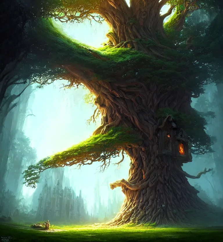 Image similar to a beautiful giant tree growing in the middle of an mysterious giant door carved with symbols, a door is embedded in the tree. godray on plants, fantasy digital art, fantasy style art, fantasy hearthstone art style, fantasy game art by greg rutkowski, darksouls concept art