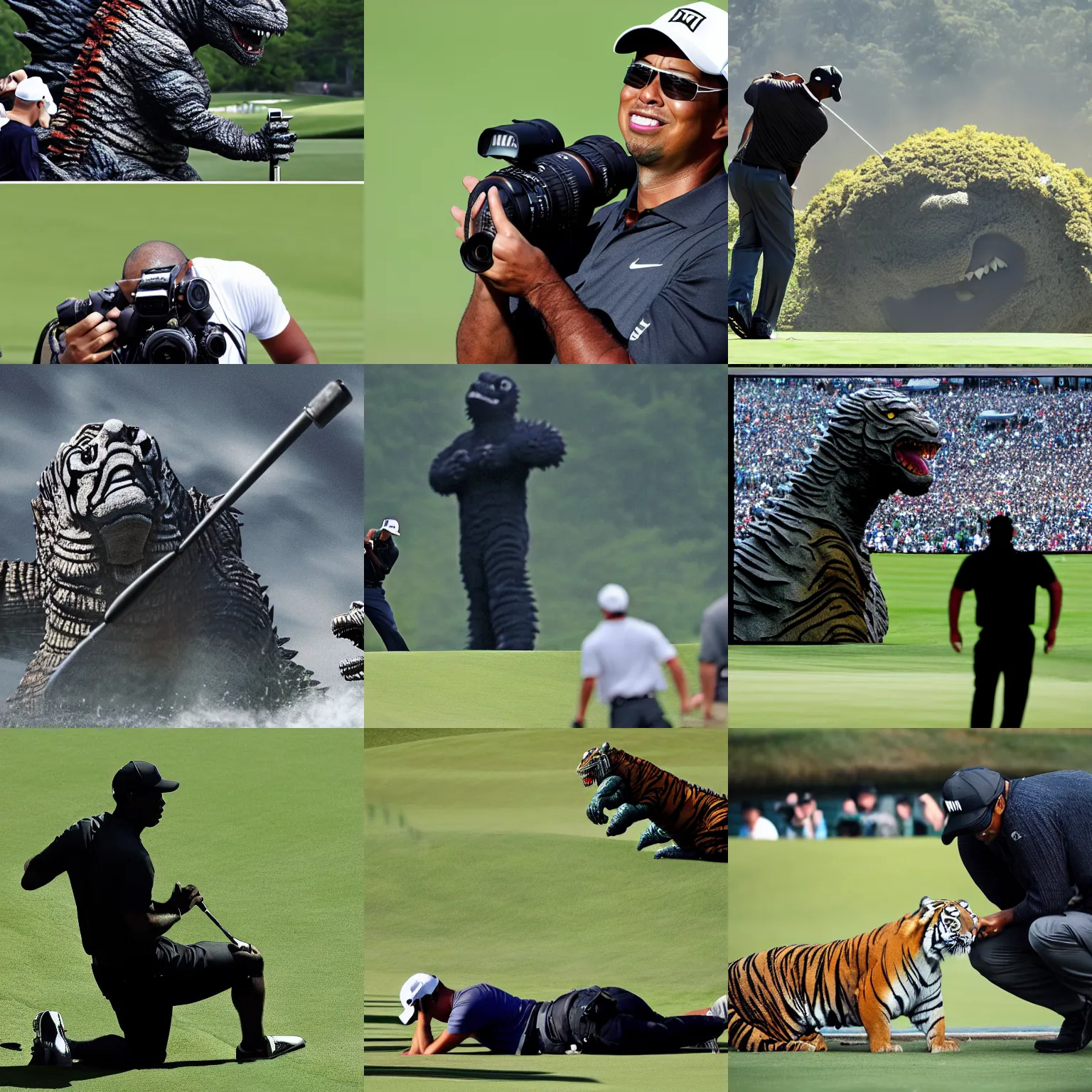 Prompt: telephoto zoom, nikon, godzilla providing moral support, tiger woods, on the field