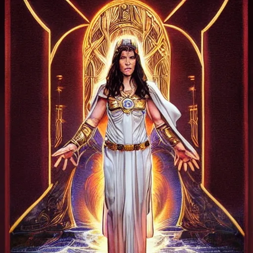 Image similar to evangeline Lilly as a priestess performing a miracle, symmetrical, smooth, sharp focus, art by magali villeneuve, concept art