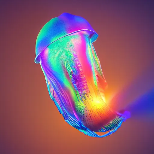 Image similar to a jellyfish, trending on cgsociety, abstract illusionism, global illumination, iridescent, holographic