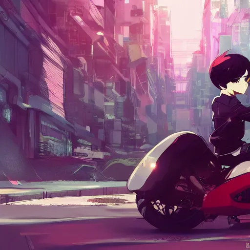 Prompt: anime style akira key character and motorcycle city landscape, 4k, anime key visual, lois van baarle, ilya kuvshinov, rossdraws, artstation