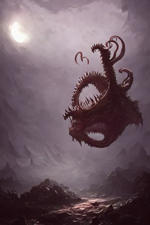 Image similar to lovecraftian monster howling at the full moon, full moon, moon, digital art, magic the gathering, mtg, by greg rutkowski, trending on artstation