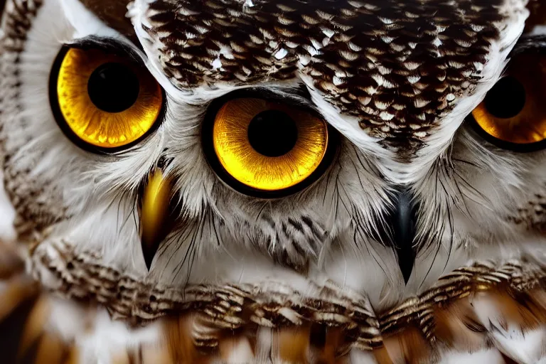 Image similar to the eye of an owl with golden feathers, hyperrealistic, many details, 3d render, octane, cinematic, macro photography