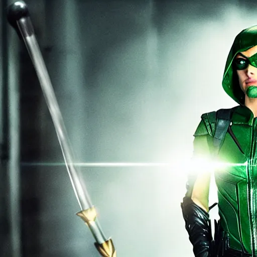 Image similar to film still of willa holland as green arrow in the 2 0 1 7 film justice league, dramatic cinematic lighting, inspirational tone, suspenseful tone, promotional art