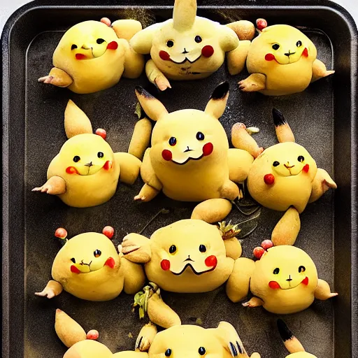 Prompt: roasted spatch pikachu in a baking tray with rosemary and thyme, cooking oil, steam, charred, ready to eat, electric sparks