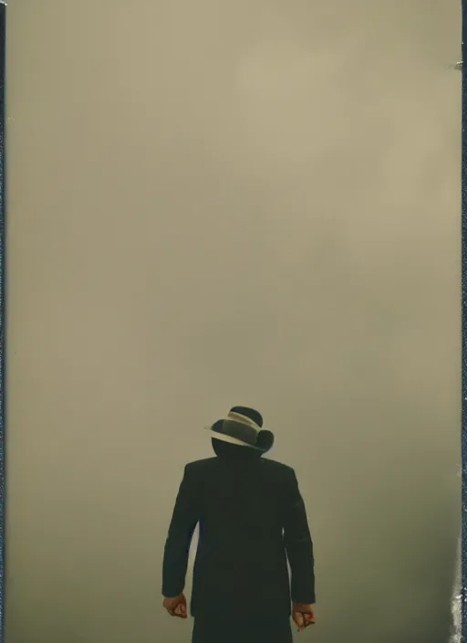 Image similar to mysterious man in suit and hat shrouded in smoke, in a big industrial city metropoli with a cloudy sky, polaroid artistic photo