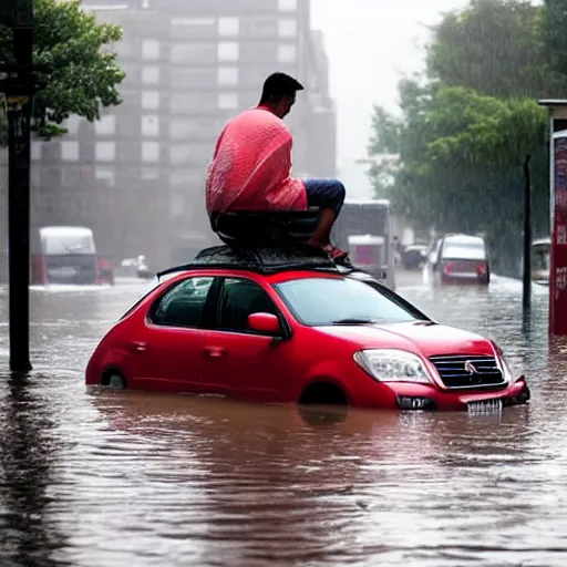 Prompt: city is flooded by heavy rain. A guy is sitting on the top of the A car is middle of the street flooded.