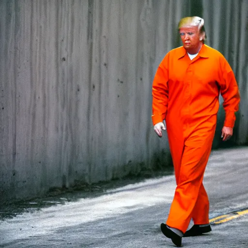 Image similar to photojournalist photo of donald trump!! in orange prison jumpsuit walking in the federal prison yard with other inmates, 3 5 mm f 1. 8