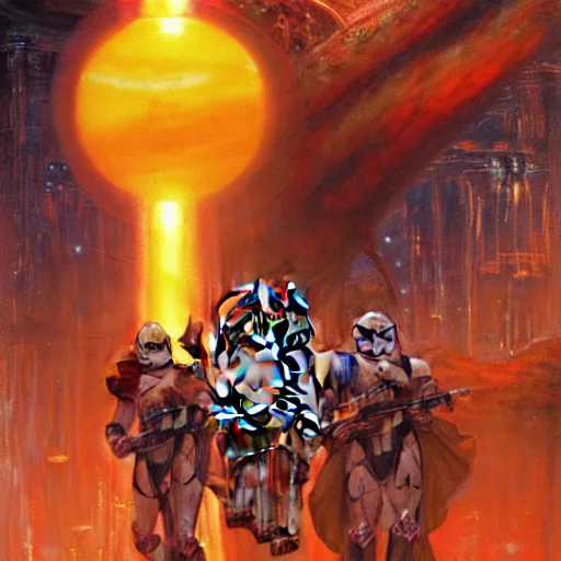 Prompt: a lava lamp with jupiter and its droid moons inside. donato giancola and greg rutkowski and wayne barlow. 1 9 9 8 cover. star wars lighting. top all time r / imaginarycyberpunk.