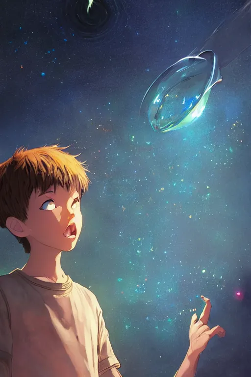 Prompt: boy enjoying a glimmering glass pipe containing the majestic stairways to otherworldly galaxies, high intricate details, rule of thirds, golden ratio, cinematic light, 8 k, octane render, anime style, graphic novel by fiona staples and dustin nguyen, art by beaststars and orange, peter elson, alan bean, studio ghibli, makoto shinkai