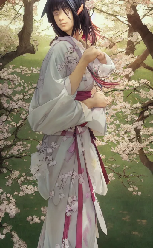 Image similar to side portrait of a girl walking, sakura tree in background, yukata clothing, battlefield in background, anime style, hair down, symmetrical facial features, from arknights, hyper realistic, 4 k, extreme detail, detailed drawing, trending artstation, realistic lighting, by alphonse mucha, greg rutkowski, sharp focus, backlit