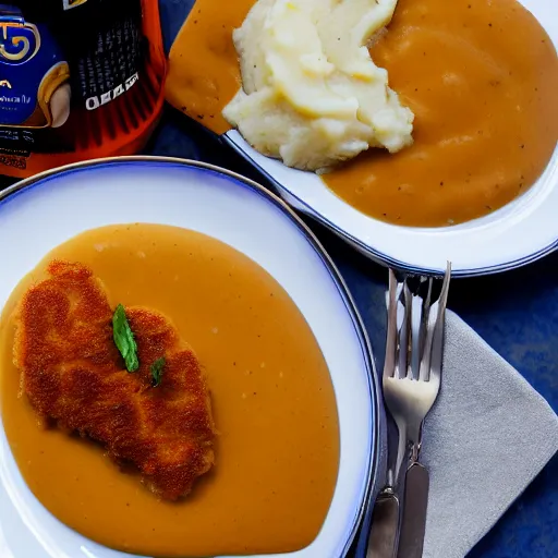 Image similar to schnitzel on orange gravy, mashed potatoes, Michelin star, award winning