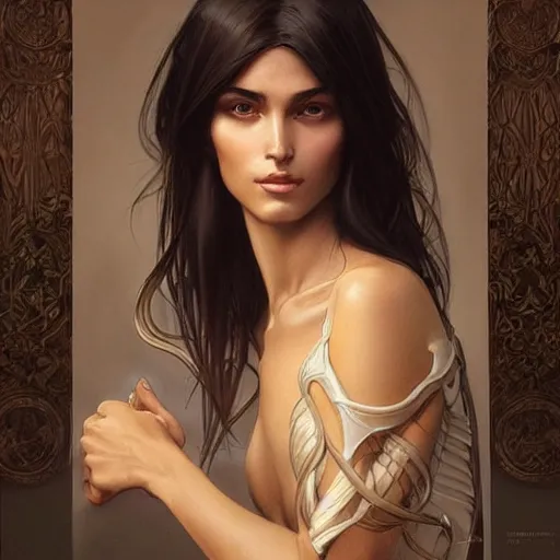 Prompt: Italian Supermodel, olive skin, long dark hair, beautiful bone structure, intricate, elegant, highly detailed, digital painting, artstation, concept art, smooth, sharp focus, illustration, art by artgerm and greg rutkowski and alphonse mucha