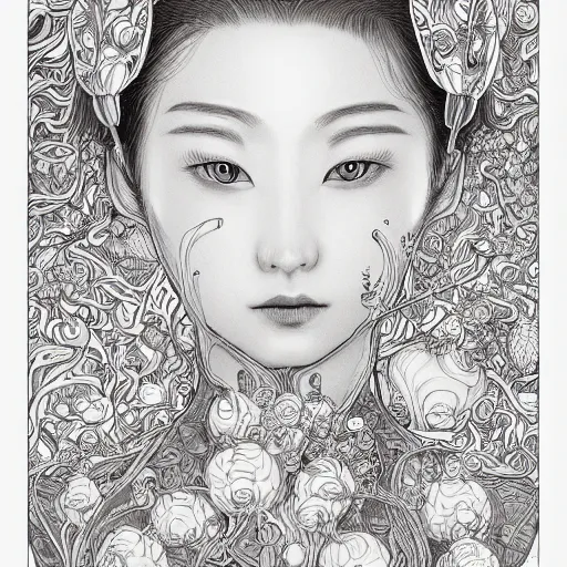 Image similar to the face of an incredibly beautiful, graceful, elegant, and sophisticated young japanese woman dressed as a bulb of garlic, an ultrafine detailed illustration by james jean, intricate linework, bright colors, final fantasy, behance contest winner, vanitas, angular, altermodern, unreal engine 5 highly rendered, global illumination, radiant light, detailed and intricate environment