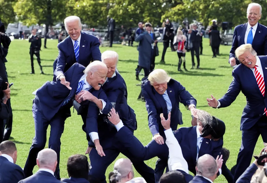 Image similar to joe biden gets tackled by donald trump in front of the white house on the lawn