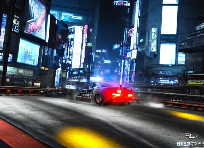 Prompt: a racing tractor drifting around the corner in a game of Need For Speed:Underground. moody cinematic lighting, night, Shibuya Crossing