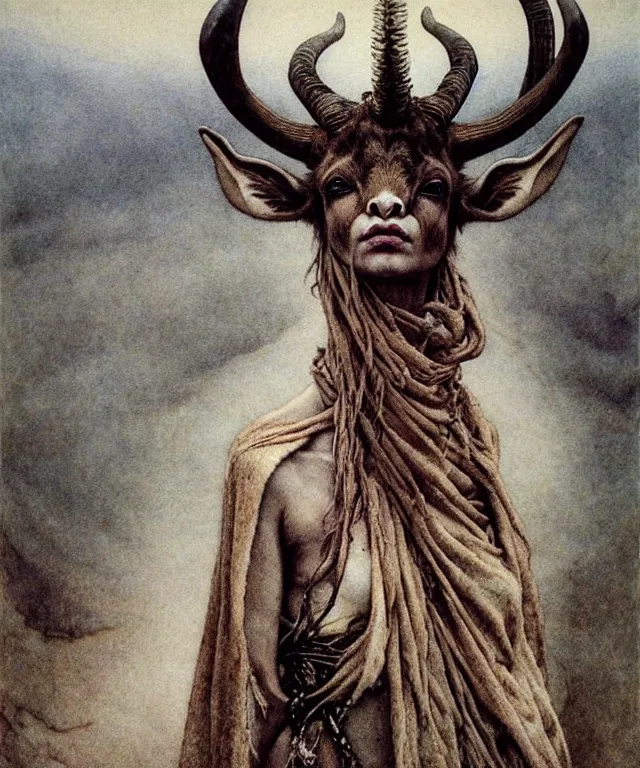 Image similar to A detailed horned antelopewoman stands by the sea. Wearing a ripped mantle, robe, many rings on the hands. Hooves, perfect faces, symmetrical, extremely high details, realistic, fantasy art, solo, masterpiece, art by Zdzisław Beksiński, Arthur Rackham, Dariusz Zawadzki