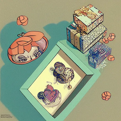 Prompt: infinite gift box inside gift box inside gift box inside gif box, like matriochkas, illustration by victo ngai