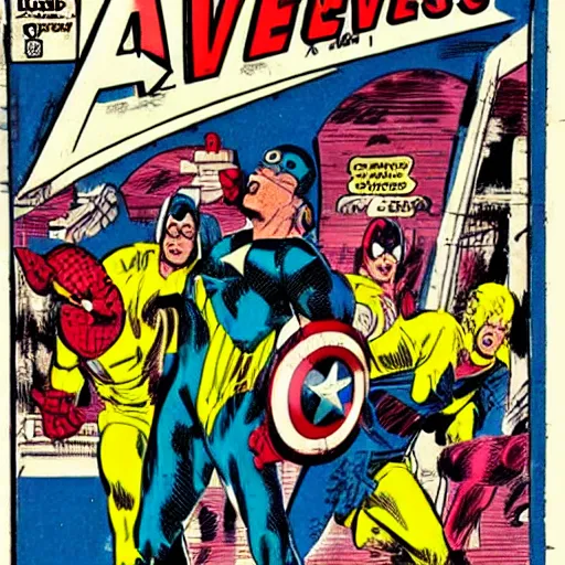 Image similar to avengers lost in backrooms, vintage comic