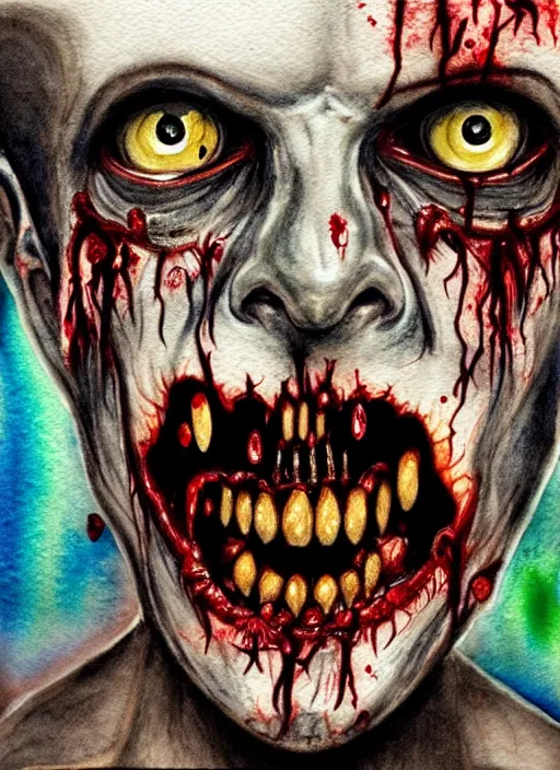 Prompt: zombie hollywood professional acting headshot, hyperrealism, intricate detailed, studio lighting, charming expression gesicht, watercolor art, drawn and painted, colored layers