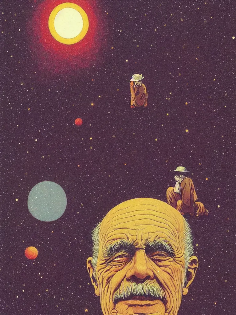 Prompt: a closeup portrait of an wise old man on mind altering drugs, lsd acid and dreaming psychedelic hallucinations in the vast alien cosmos milky way, by kawase hasui, moebius, edward hopper, colorful flat surreal design, dramatic lighting, hd, 8 k, artstation