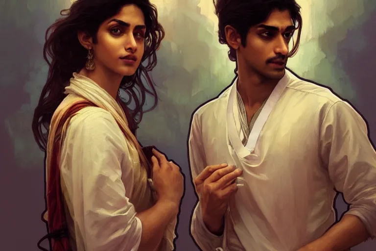 Image similar to Anxious good looking pale young Indian doctors arguing, portrait, elegant, intricate, digital painting, artstation, concept art, smooth, sharp focus, illustration, art by artgerm and greg rutkowski and alphonse mucha