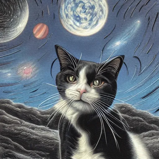 Prompt: a painting of a black and white cat in a scenic environment by johfra bosschart, hyperdetailed, beautiful, stars, planets, nebula, trending on artstation