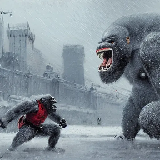 Image similar to angry and aggressive king kong in winter moscow, digital painting, very detailed, art by jakub rozalski