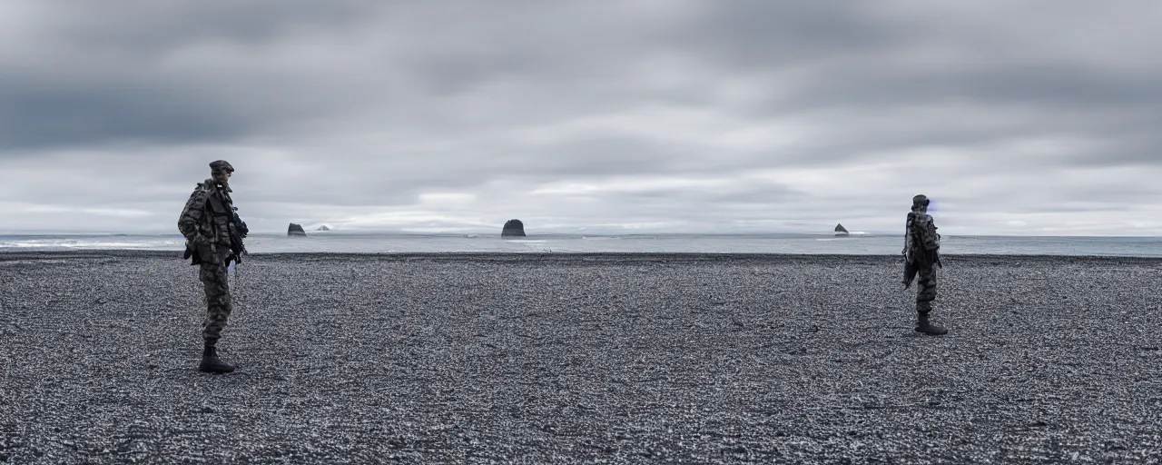 Prompt: low angle cinematic shot of lone futuristic soldier in the middle of an endless black sand beach in iceland, iceberg, 2 8 mm