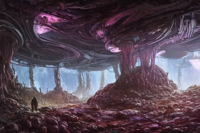 Image similar to Epic science fiction cavescape. In the foreground is soldiers in battle-armor searching, in the background alien machinery and alien eggs. An abandoned alien spaceship is between them. Stunning lighting, sharp focus, extremely detailed intricate painting inspired by H.R. Giger and Simon Stalenhag