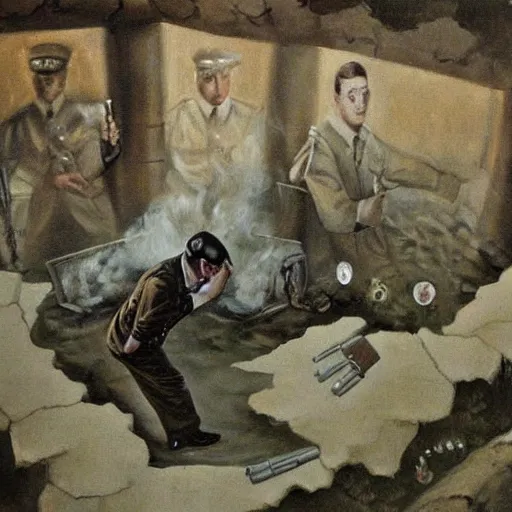 Image similar to a beautiful complex painting of adolf hitler shooting himself in his bunker