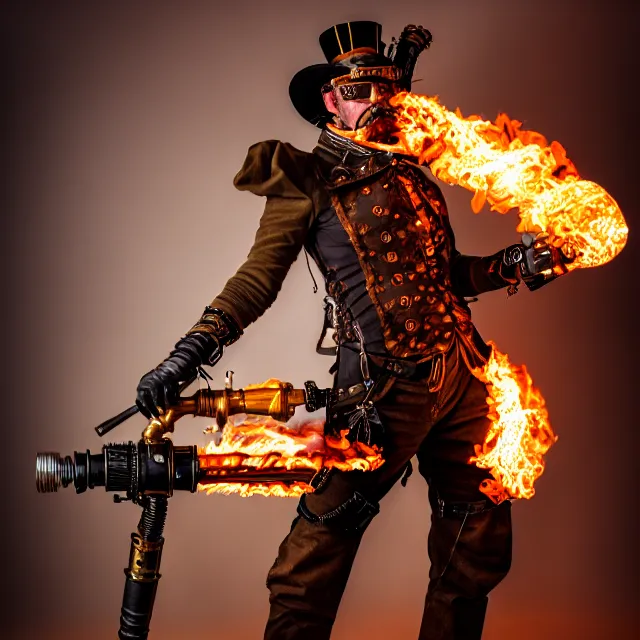 Image similar to full length photo of a steampunk warrior with a flamethrower, 8 k, hdr, smooth, sharp focus, high resolution, award - winning photo