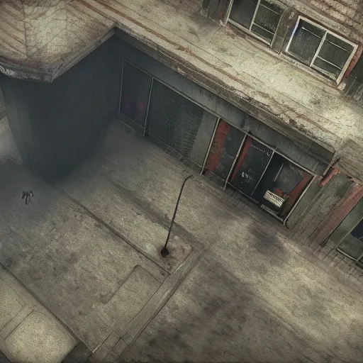 Image similar to playstation 5 screenshot of silent hill, overhead view, realistic
