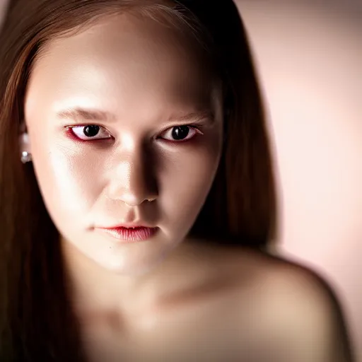 Image similar to photo portrait of cute woman staring into camera, realism, extreme detail, key art, ring light, flash, photo by greg rutkoski, photoshoot