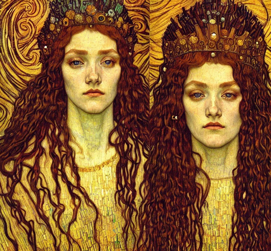 Image similar to detailed realistic beautiful young medieval queen face portrait by jean delville, gustav klimt and vincent van gogh, art nouveau, symbolist, visionary, gothic, pre - raphaelite, muted earthy colors, desaturated